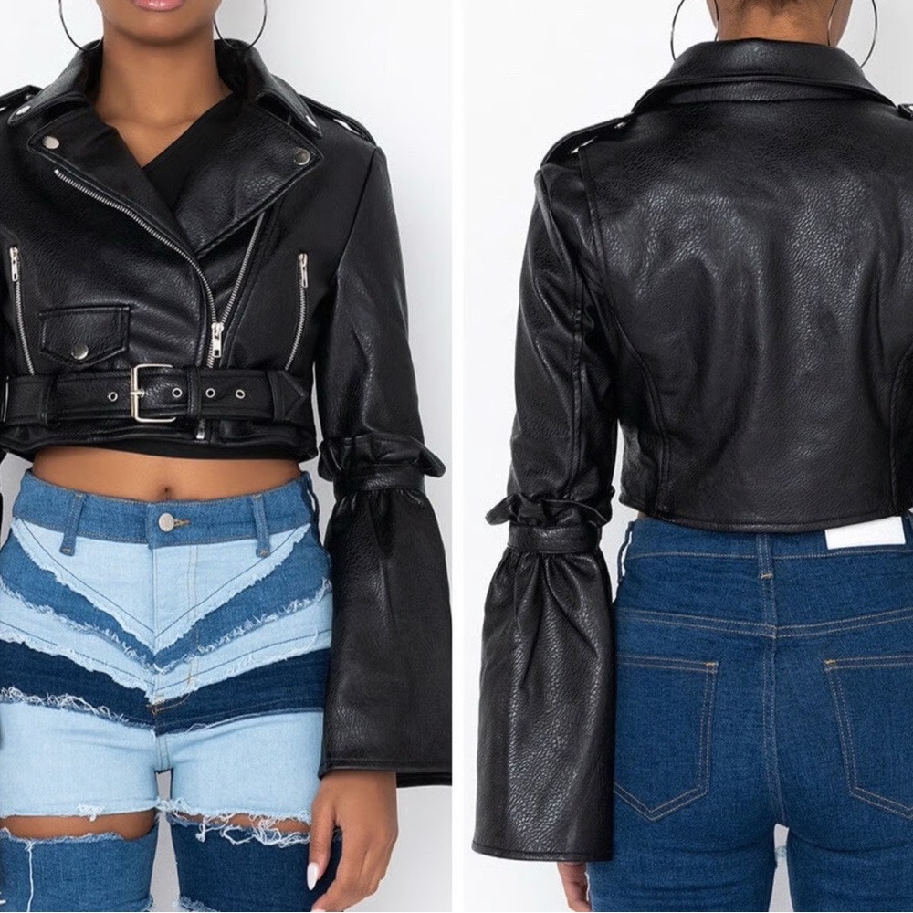 Azalea Wang Women’s Barbie Girl Faux Leather Bell Cropped Belted Moto Jacket - Picture 2 of 7